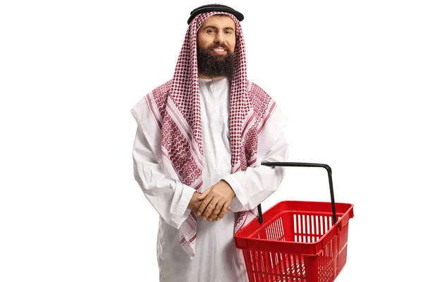 Hombre Árabe Saudí Thobe Sosteniendo Una Cesta Aislada Sobre Fondo — Foto de Stock