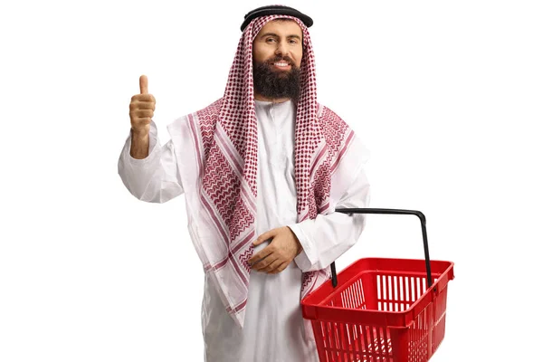 Saudi Araber Dirndl Mit Einem Einkaufskorb Der Auf Weißem Hintergrund — Stockfoto