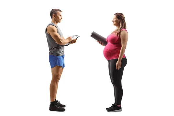 Full Length Profile Shot Pregnant Woman Sportswear Fitness Instructor Isolated — Stock Photo, Image