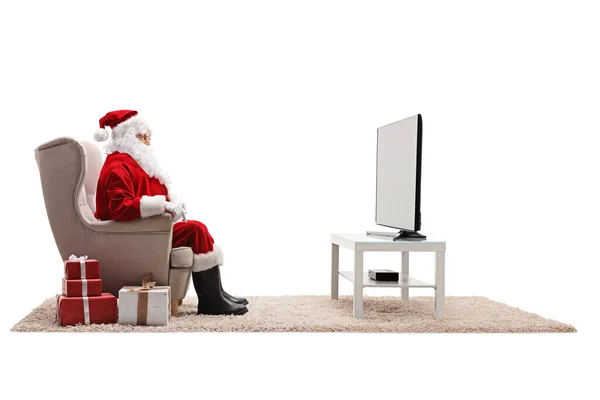 Santa Claus Viendo Con Regalos Suelo Aislados Sobre Fondo Blanco —  Fotos de Stock