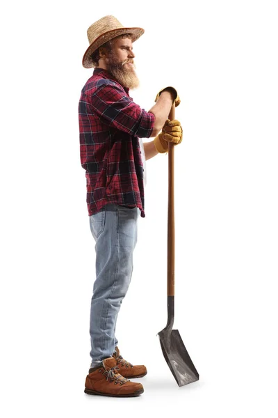 Full Length Profile Shot Bearded Farmer Leaning Shovel Isolated White — Stock Photo, Image