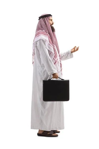 Full Length Profile Shot Saudi Arab Man Briefcase Thobe Gesturing — Stock Photo, Image