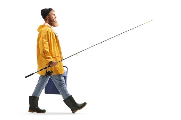 一个留着胡子的渔夫拿着冰箱和一根被白色背景隔离的钓竿行走的全身像照片 — 图库照片