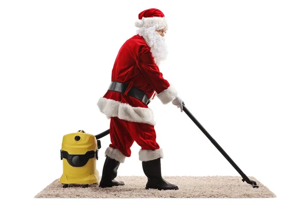 Profilo Full Length Colpo Babbo Natale Spolverare Tappeto Con Aspirapolvere — Foto Stock