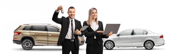 Young Professional Man Woman Laptop Computer Car Suv Them Isolated — Stock Photo, Image