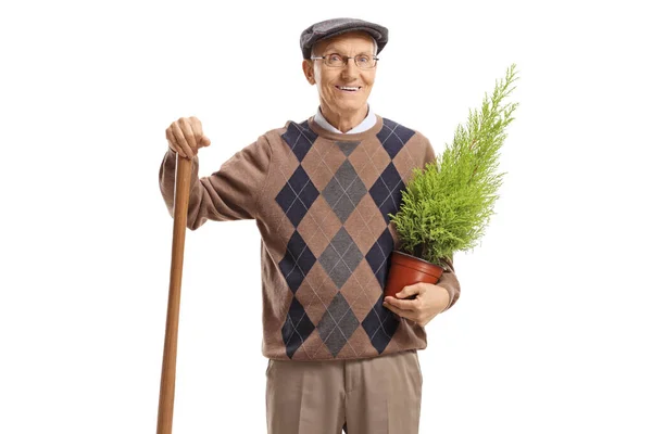 Oudere Man Staande Met Een Schop Een Plant Geïsoleerd Witte — Stockfoto