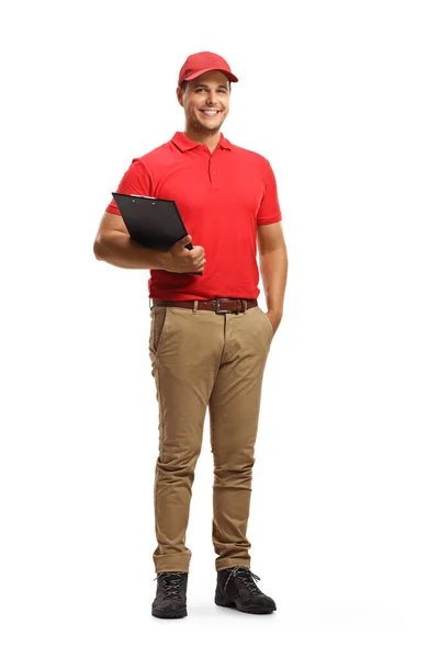 Full Length Portrait Smiling Man Uniform Holding Clipboard Isolated White — Stock Photo, Image