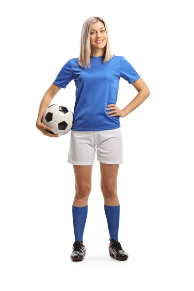 Full Length Portrait Woman Football Player Smiling Holding Ball Isolated — Stock Photo, Image