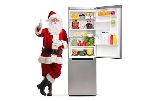 Full Length Portrait Santa Claus Leaning Open Fridge Showing Thumbs — Stock Photo, Image