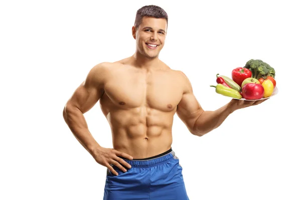 Topless Muscular Man Holding Plate Fruits Vegetables Isolated White Background — Stock Photo, Image