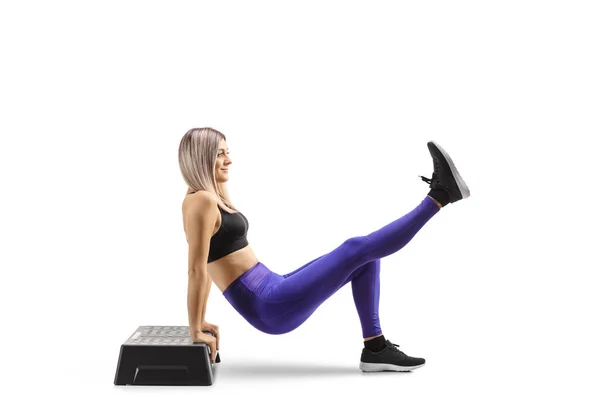 Young Blond Woman Exercising Step Aerobic Isolated White Background — Stock Photo, Image