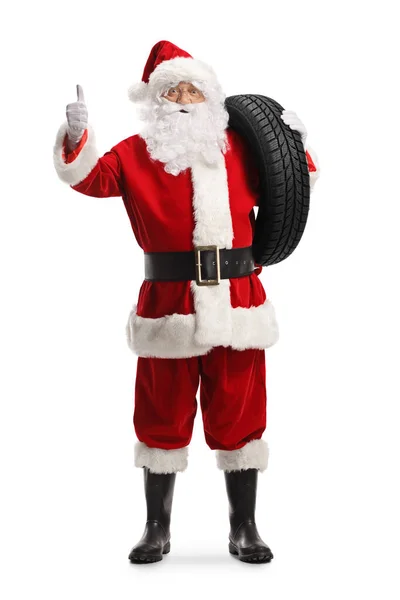 Retrato Completo Santa Claus Sosteniendo Neumático Coche Mostrando Los Pulgares —  Fotos de Stock