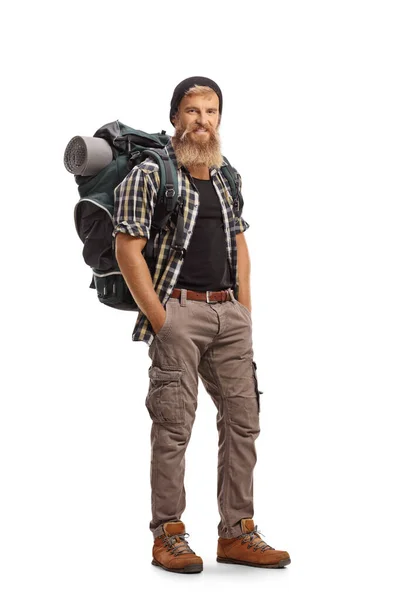 Full Length Portrait Young Bearded Hiker Backpack Looking Camera Isolated — Stock Photo, Image