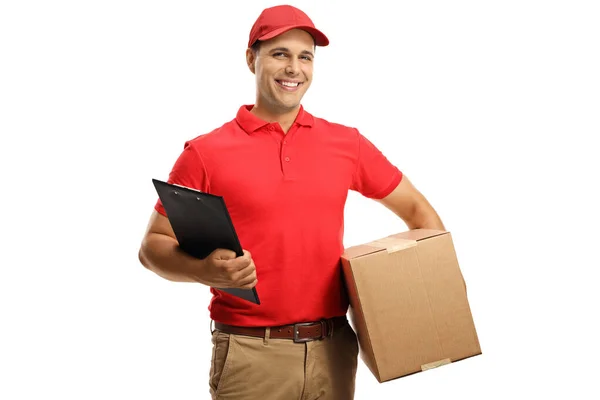 Mensageiro Masculino Uniforme Segurando Uma Caixa Papelão Uma Área Transferência — Fotografia de Stock