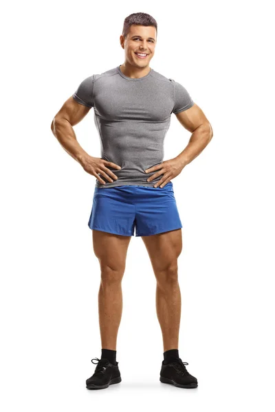 Ritratto Completo Giovane Uomo Muscoloso Abbigliamento Sportivo Isolato Sfondo Bianco — Foto Stock