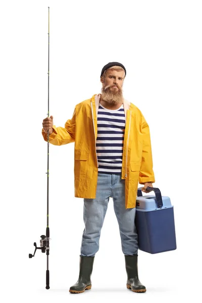 Портрет Бородатого Рибалки Тримає Вудку Холодильник Ізольований Білому Тлі — стокове фото