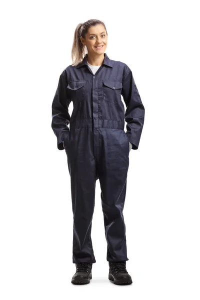 Full Length Portrait Female Worker Overall Uniform Isolated White Background — Stock Photo, Image