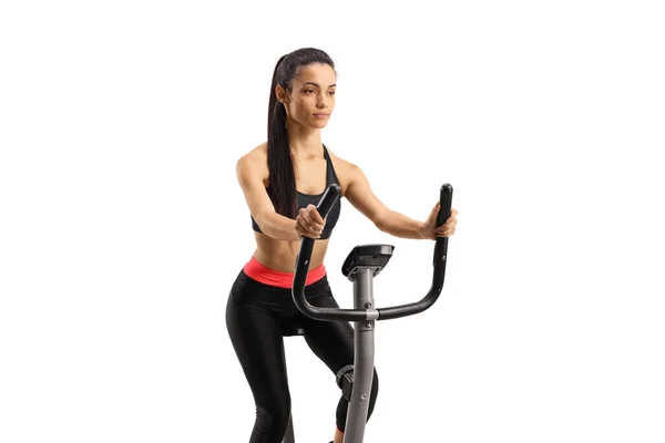 Young Woman Sportswear Exercising Stationary Bike Isolated White Background — Stock Photo, Image