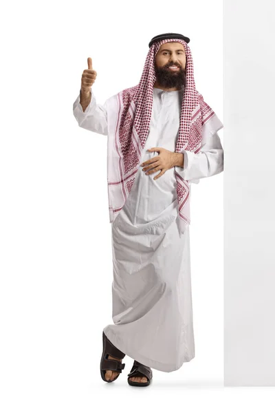 Full Length Portrait Saudi Arab Man Wearing Traditional Thobe Leaning — Stock Photo, Image