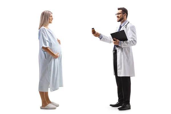 Full Length Profile Shot Male Doctor Giving Vitamin Pills Pregnant — Stock Photo, Image