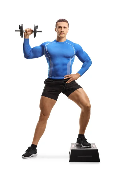 Retrato Completo Entrenador Fitness Masculino Haciendo Ejercicio Aeróbico Con Una — Foto de Stock