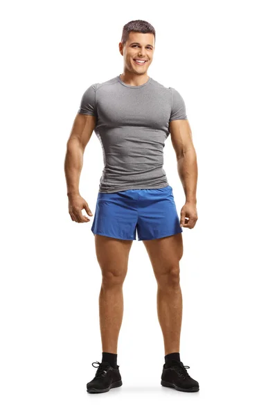 Full Length Portrait Smiling Muscular Guy Sportswear Isolated White Background — Stock Photo, Image