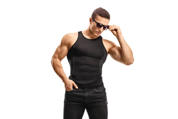 Fit Young Man Black Sleeveless Top Sunglasses Isolated White Background — Stock Photo, Image