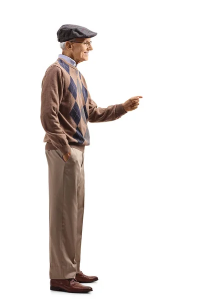 Ganztägige Profilaufnahme Eines Älteren Herrn Der Mit Der Hand Gestikuliert — Stockfoto