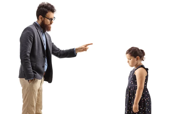 Padre Reprendiendo Una Niña Con Dedo Aislado Sobre Fondo Blanco — Foto de Stock