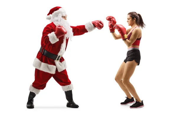 Foto Perfil Completo Boxeo Santa Claus Con Una Joven Aislada — Foto de Stock