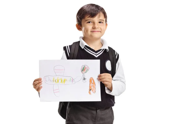 Pequeno Estudante Mostrando Desenho Avião Isolado Fundo Branco — Fotografia de Stock