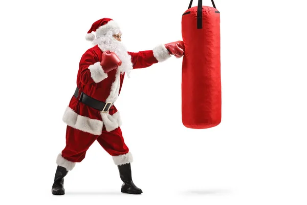Całkowite Ujęcie Profilowe Pudełka Treningowego Santa Claus Rękawiczkami Workiem Bokserskim — Zdjęcie stockowe