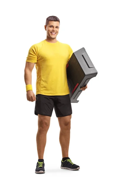 Full Length Portrait Young Man Holding Aerobic Stepper Smiling Isolataed — Stock Photo, Image