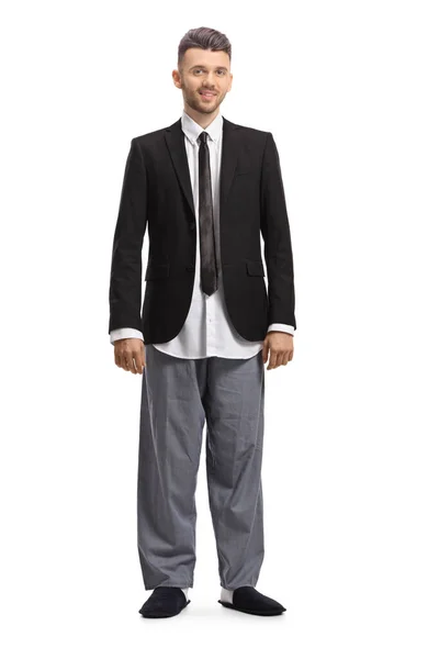 Full Length Portrait Young Modern Businessman Suit Pajamas Isolated White — Stock Photo, Image