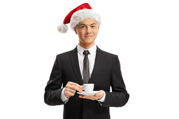 Ung Man Kostym Bär Tomte Hatt Och Håller Espresso Kaffekopp — Stockfoto