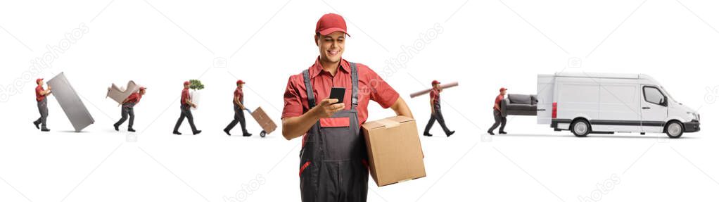 Moving company with a van and workers carrying boxes and furniture isolated on white background