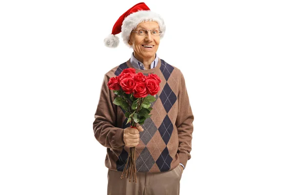 Cavalheiro Idoso Com Chapéu Papai Noel Buquê Rosas Vermelhas Isolado — Fotografia de Stock