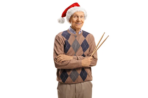 Gülümseyen Yaşlı Adam Noel Baba Şapkası Takıyor Elinde Beyaz Arka — Stok fotoğraf