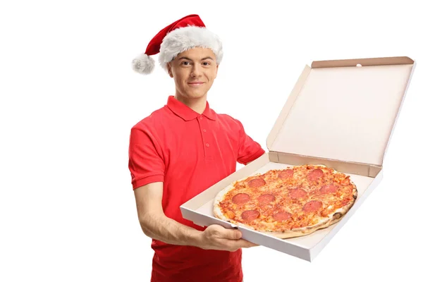 Menino Entrega Pizza Com Chapéu Papai Noel Isolado Fundo Branco — Fotografia de Stock