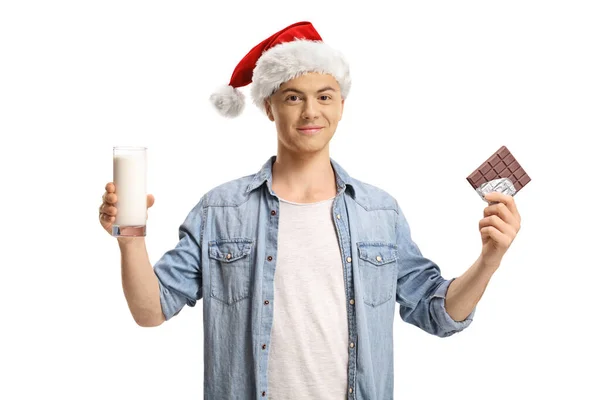 Ragazzo Con Bicchiere Latte Cioccolato Con Cappello Babbo Natale Isolato — Foto Stock
