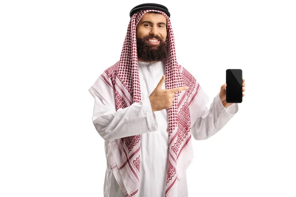 Pria Arab Memegang Smartphone Dan Menunjuk Terisolasi Latar Belakang Putih — Stok Foto