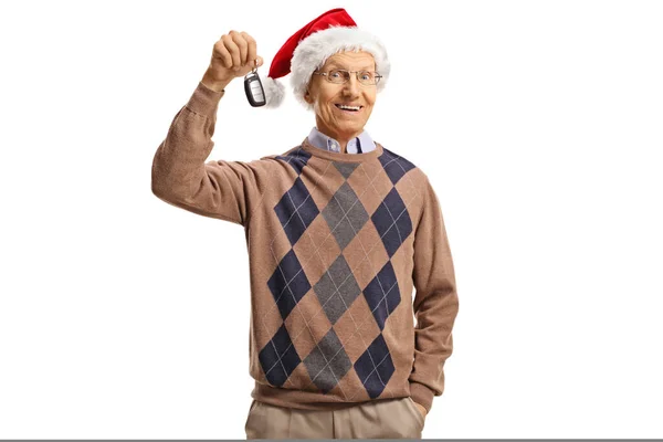 Felice Uomo Anziano Con Cappello Babbo Natale Possesso Una Chiave — Foto Stock