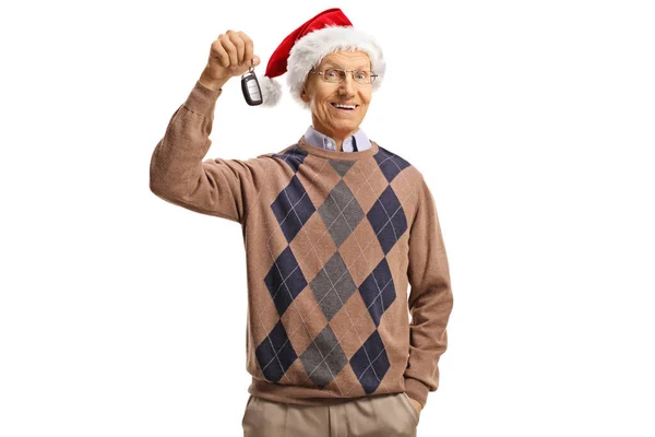 Happy Elderly Man Santa Claus Hat Holding Car Key Isolated — Stock Photo, Image