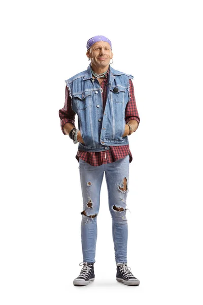 Full Length Portret Van Een Man Gescheurde Jeans Met Een — Stockfoto