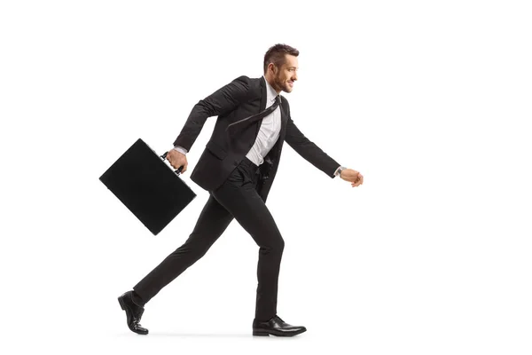 Full Length Profile Shot Businessman Briefcase Running Isolated White Background — Stock Photo, Image