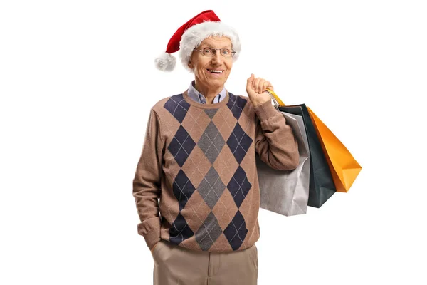 Gentleman Âgé Avec Santa Claus Chrostmas Chapeau Tenant Des Sacs — Photo