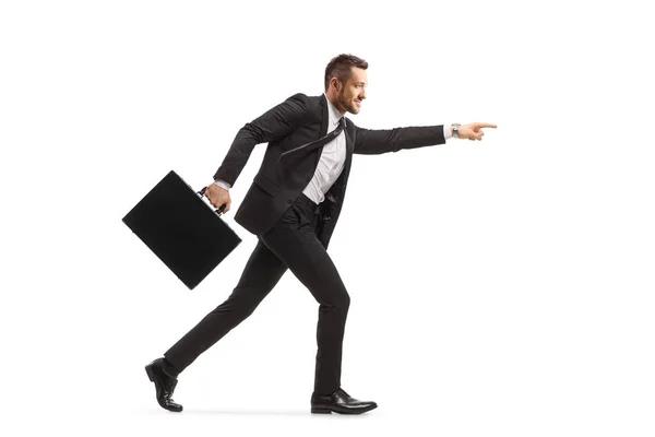 Businessman Briefcase Running Pointing Forward Isolated White Background — Stock Photo, Image