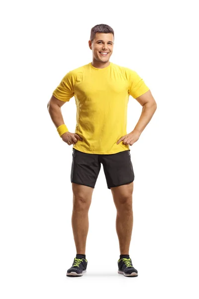 Full Length Portret Van Een Lachende Man Sportkleding Geïsoleerd Witte — Stockfoto