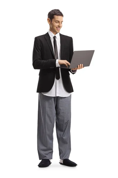 Full Length Portrait Young Modern Businessman Suit Pajamas Working Laptop — Stock Photo, Image