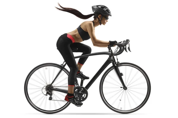 Полнометражный Снимок Велосипедистки Длинными Волосами Дорожном Велосипеде Белом Фоне — стоковое фото